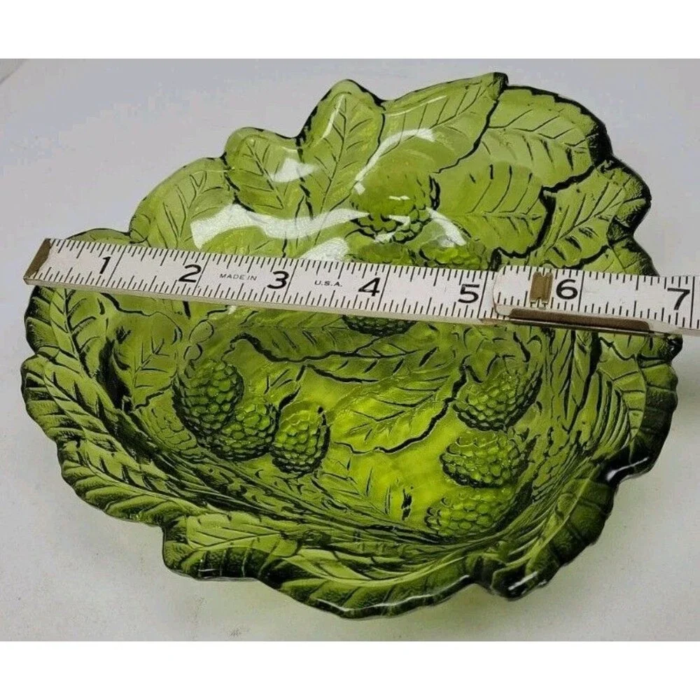 Vintage Indiana Glass Bowl Loganberry Olive Green Texture Berries Leaves Dish 7”